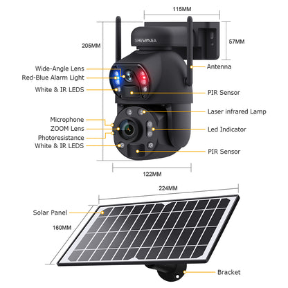 SHIWOJIA Solar Camera 4G SIM / WIFI 6MP Big 36X Zoom Dual Lens Recording Humanoid Tracking Outdoor Camera Metal Waterproof,Built-in Battery 