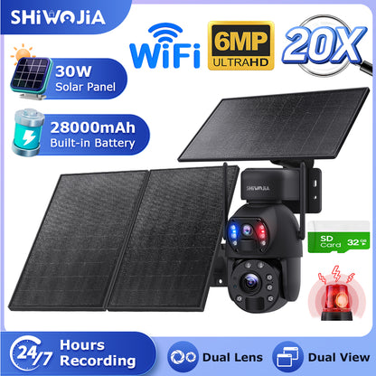 SHIWOJIA 30W Solar Battery 20x zoom Red Blue Alarm Floodlight PTZ Camera 3 PCS Solar Board Built in 28000mAh Batteries Night Vision Camera 