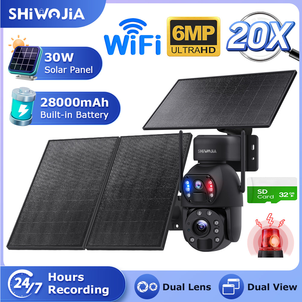 SHIWOJIA 6MP 30W Solar Battery 20x zoom Red Blue Alarm Floodlight PTZ Camera Night Vision 3 PCS Solar Board Built in 28000mAh Batteries 