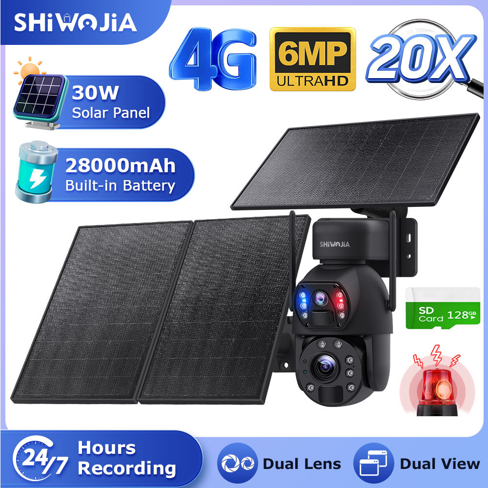 SHIWOJIA 6MP 30W Solar Battery 20x zoom Red Blue Alarm Floodlight PTZ Camera Night Vision 3 PCS Solar Board Built in 28000mAh Batteries 