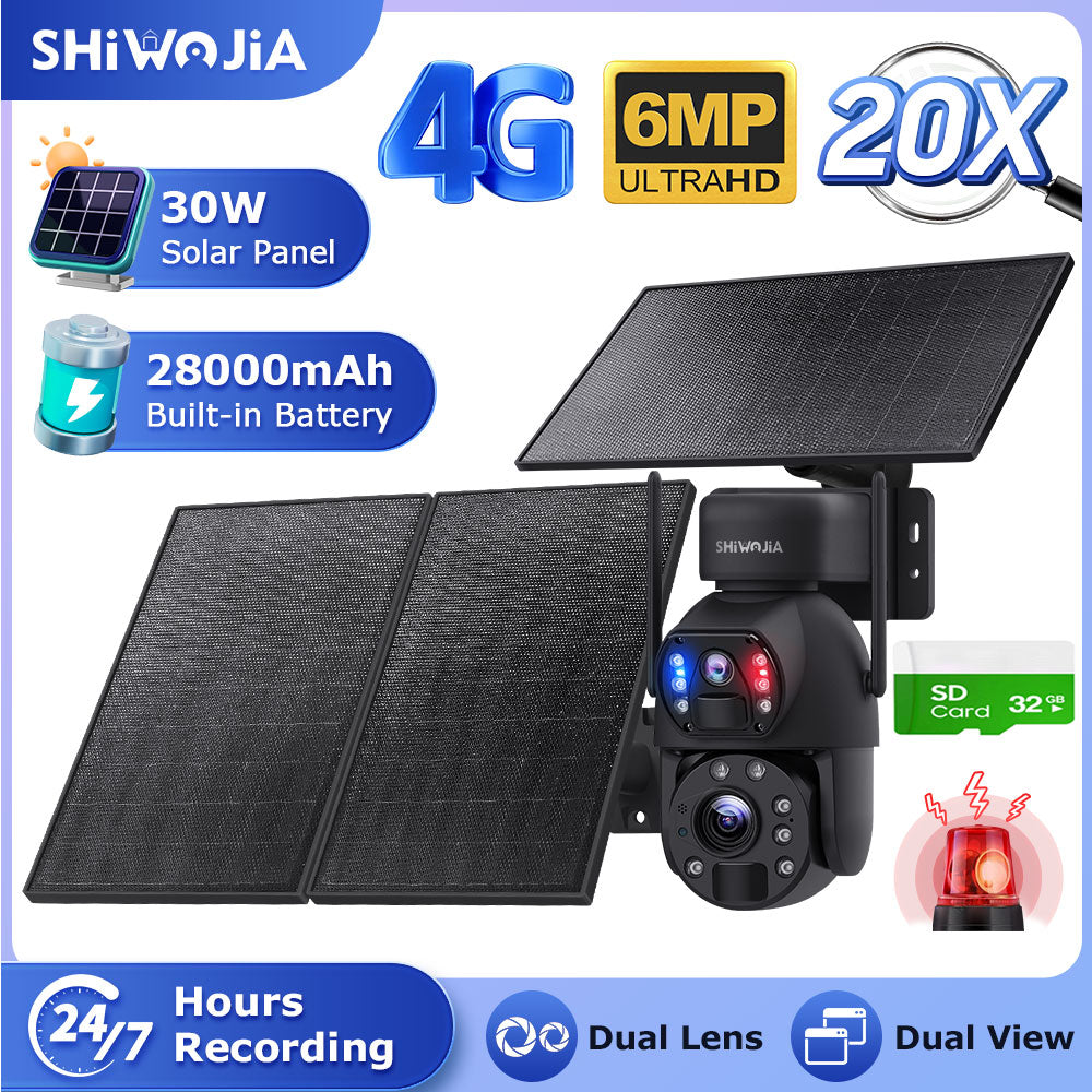SHIWOJIA 6MP 30W Solar Battery 20x zoom Red Blue Alarm Floodlight PTZ Camera Night Vision 3 PCS Solar Board Built in 28000mAh Batteries 