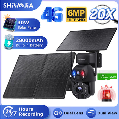 SHIWOJIA 30W Solar Battery 20x zoom Red Blue Alarm Floodlight PTZ Camera 3 PCS Solar Board Built in 28000mAh Batteries Night Vision Camera 