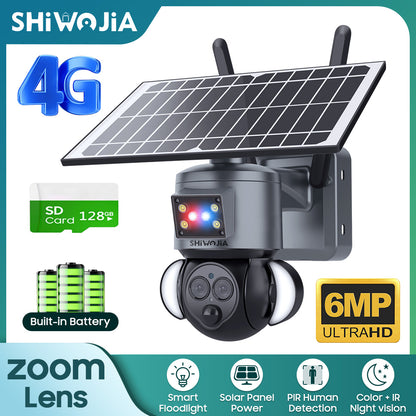 SHIWOJIA 4G SIM / WIFI 12X ZOOM Red/Blue alarm Floodlight Solar Battery PTZ Camera 6MP HD Wireless Security CCTV Including 12000mAh Battery 