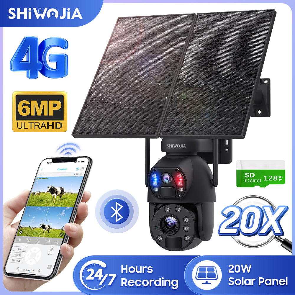 SHIWOJIA 20W Solar Battery 20X Zoom Red Blue Alarm FloodLight PTZ Camera 4G SIM / WIFI Cellular Security Camera Dual-Lens,6MP Solar Camera Wireless Outdoor,Color Night Vision,Dual Screen,Built-in Battery 