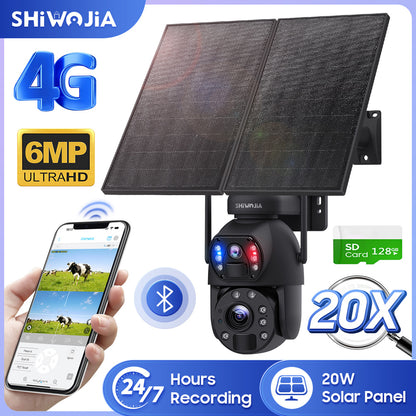 SHIWOJIA 20W Solar Battery 20X Zoom Red Blue Alarm FloodLight PTZ Camera 4G SIM / WIFI Cellular Security Camera Dual-Lens,6MP Solar Camera Wireless Outdoor,Color Night Vision,Dual Screen,Built-in Battery 