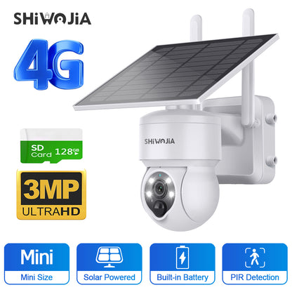 SHIWOJIA 4G SIM / WIFI Solar Security Cameras WIFI Wireless Outdoor 3MP View Animal Monitoring MiNi Solar Battery PTZ Camera Built-in Battery 