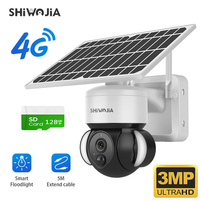 SHIWOJIA 3MP Solar Camera 4G SIM / WIFI Security Outdoor Recording Humanoid Tracking Floodlight Solar Battery PTZ Camera 