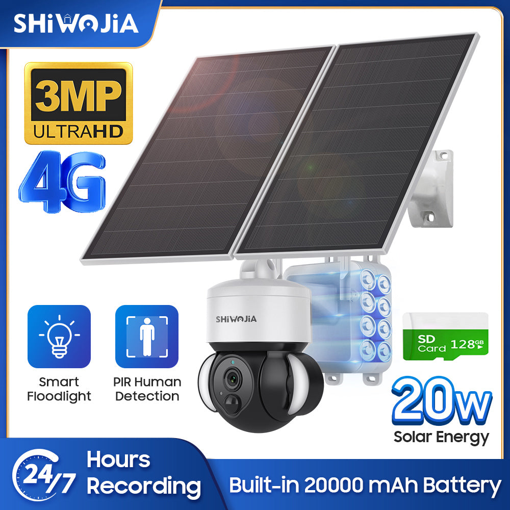 SHIWOJIA 3MP Solar Camera 4G SIM / WIFI Security Outdoor Recording Humanoid Tracking 20W 24/7 hours Solar Battery Floodlight PTZ Camera 