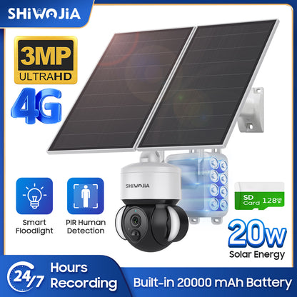 SHIWOJIA 3MP Solar Camera 4G SIM / WIFI Security Outdoor Recording Humanoid Tracking 20W 24/7 hours Solar Battery Floodlight PTZ Camera 