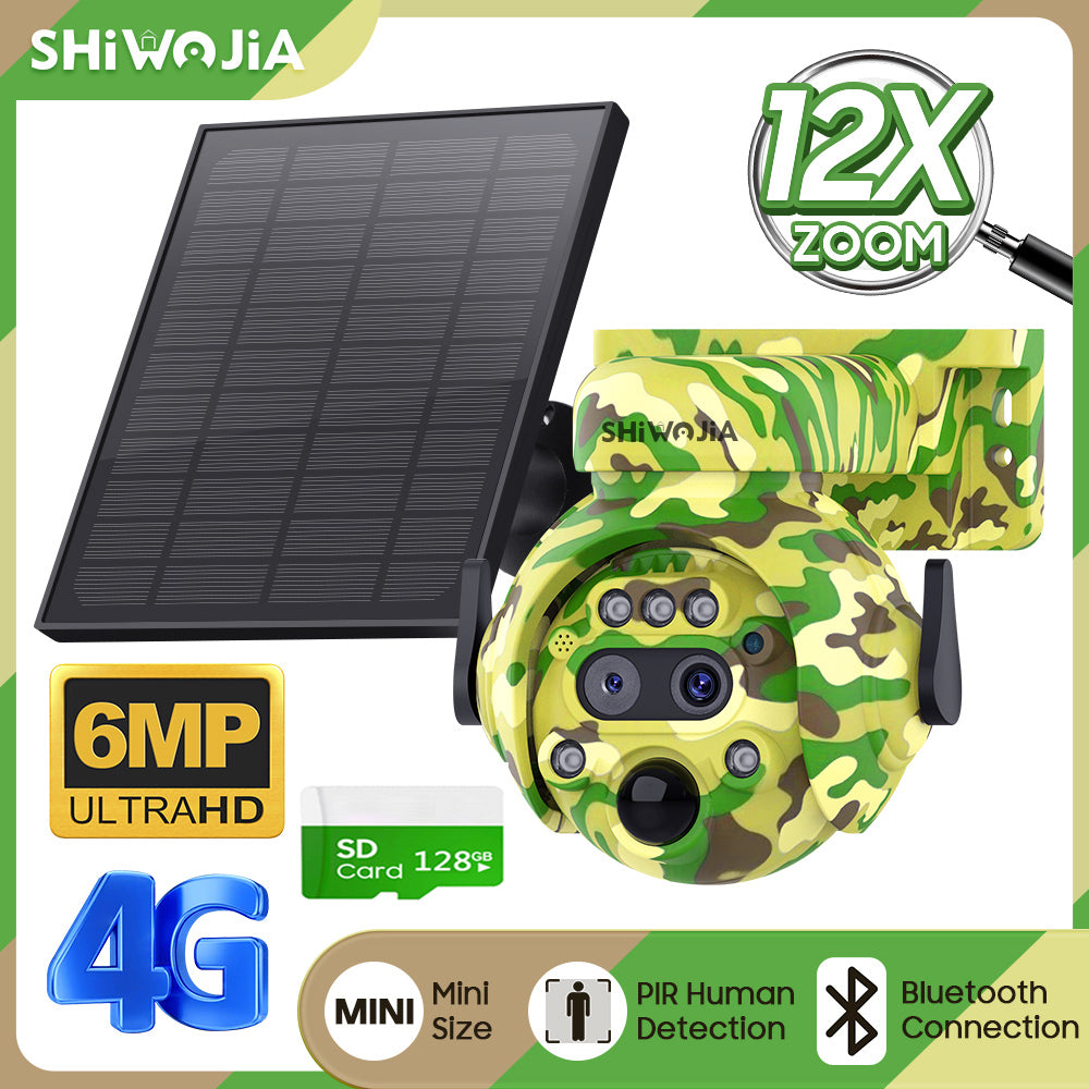 SHIWOJIA 6MP Solar Camera 4G SIM / WIFI Security Outdoor Camouflage Color 12X Zoom Solar Battery PTZ Camera 