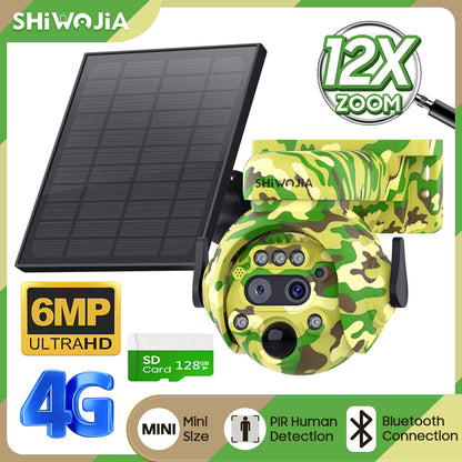 SHIWOJIA 6MP Solar Camera 4G SIM / WIFI Security Outdoor Camouflage Color 12X Zoom Solar Battery PTZ Camera 