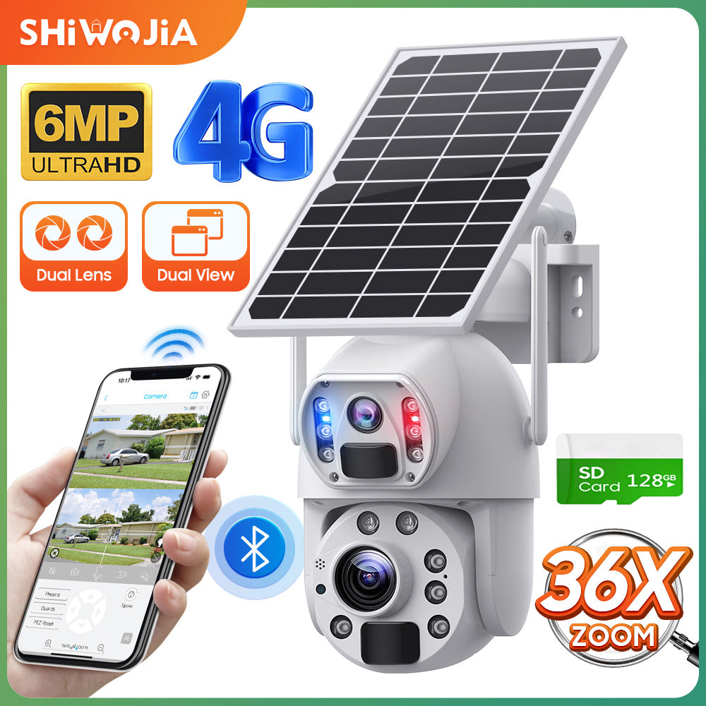 SHIWOJIA Solar Camera 4G SIM / WIFI 6MP Big 36X Zoom Dual Lens Recording Humanoid Tracking Outdoor Camera Metal Waterproof,Built-in Battery 
