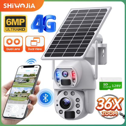 SHIWOJIA Solar Camera 4G SIM / WIFI 6MP Big 36X Zoom Dual Lens Recording Humanoid Tracking Outdoor Camera Metal Waterproof,Built-in Battery 