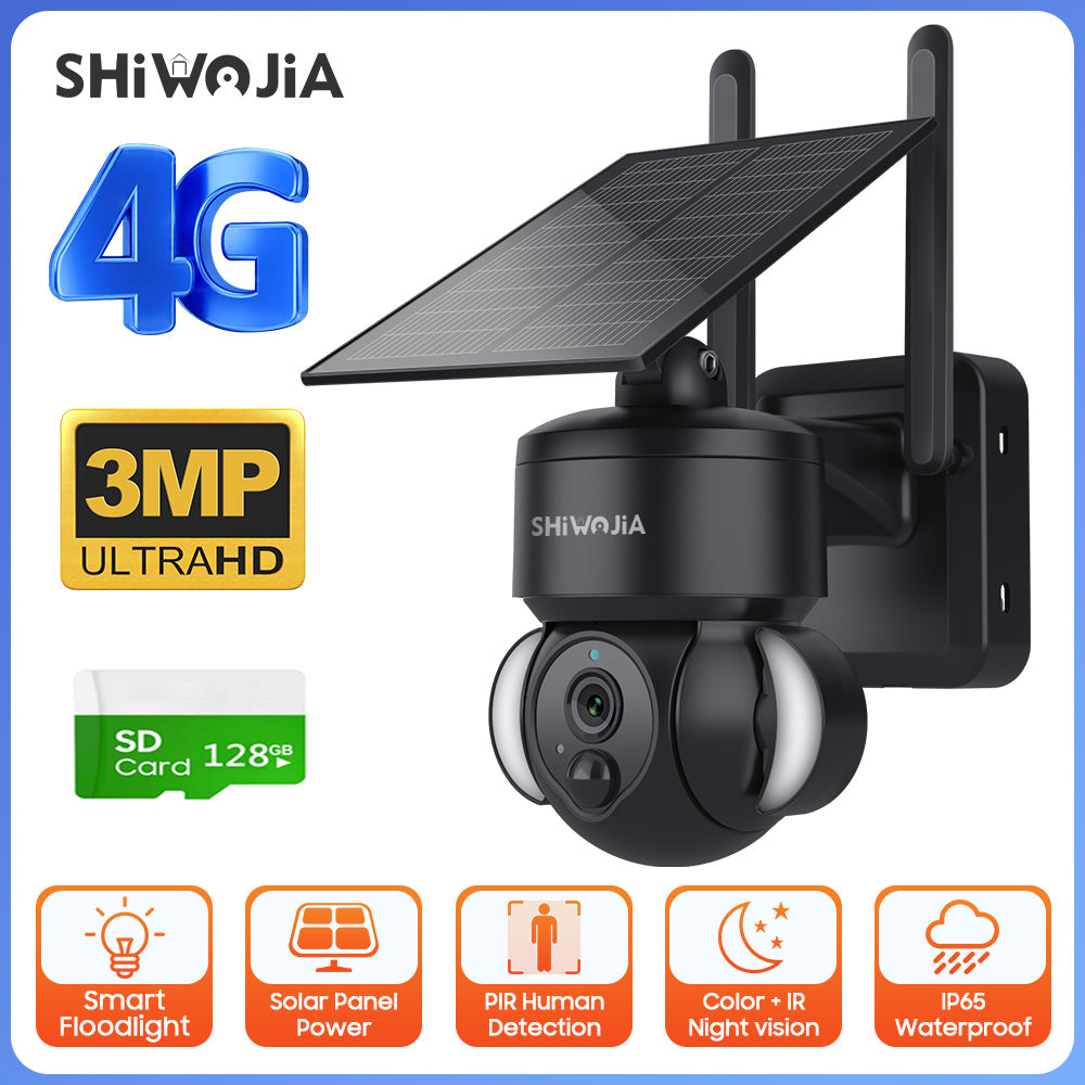 SHIWOJIA Outdoor Camera 4G SIM /WIFI Solar Powered 7800mAh Battery with 5W Solar Panels 3MP Color Night Vision Wireless Garden CCTV.Built-in Battery