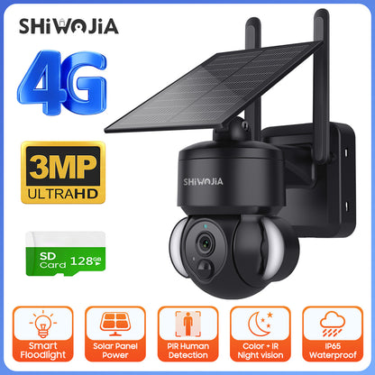 SHIWOJIA Outdoor Camera 4G SIM /WIFI Solar Powered 7800mAh Battery with 5W Solar Panels 3MP Color Night Vision Wireless Garden CCTV.Built-in Battery