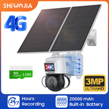SHIWOJIA 3MP Solar Camera 4G SIM / WIFI Security Outdoor Recording Humanoid Tracking 20W Solar Battery Red Blue Alarm Floodlight PTZ Camera 