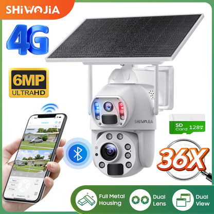 SHIWOJIA 36X Optical add Digital Zoom 4G SIM / WIFI Cellular Security Camera Dual-Lens,6MP Solar Camera Wireless Outdoor,Siren Alarm,Color Night Vision,Dual Screen,Built-in Battery