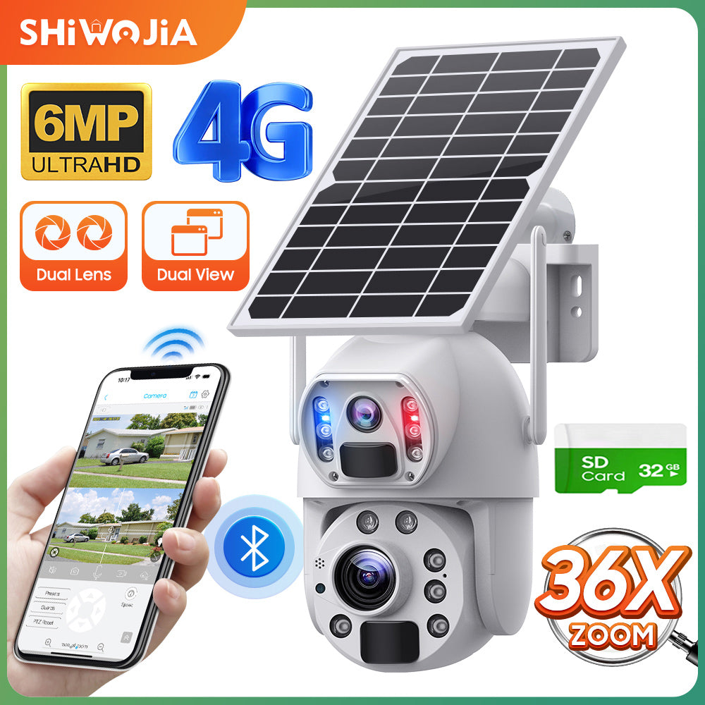 SHIWOJIA Solar Camera 4G SIM / WIFI 6MP Big 36X Zoom Dual Lens Recording Humanoid Tracking Outdoor Camera Metal Waterproof,Built-in Battery 