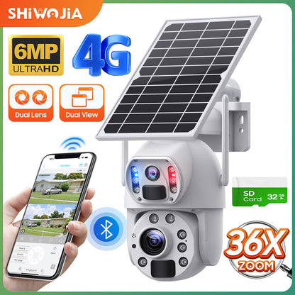 SHIWOJIA Solar Camera 4G SIM / WIFI 6MP Big 36X Zoom Dual Lens Recording Humanoid Tracking Outdoor Camera Metal Waterproof,Built-in Battery 