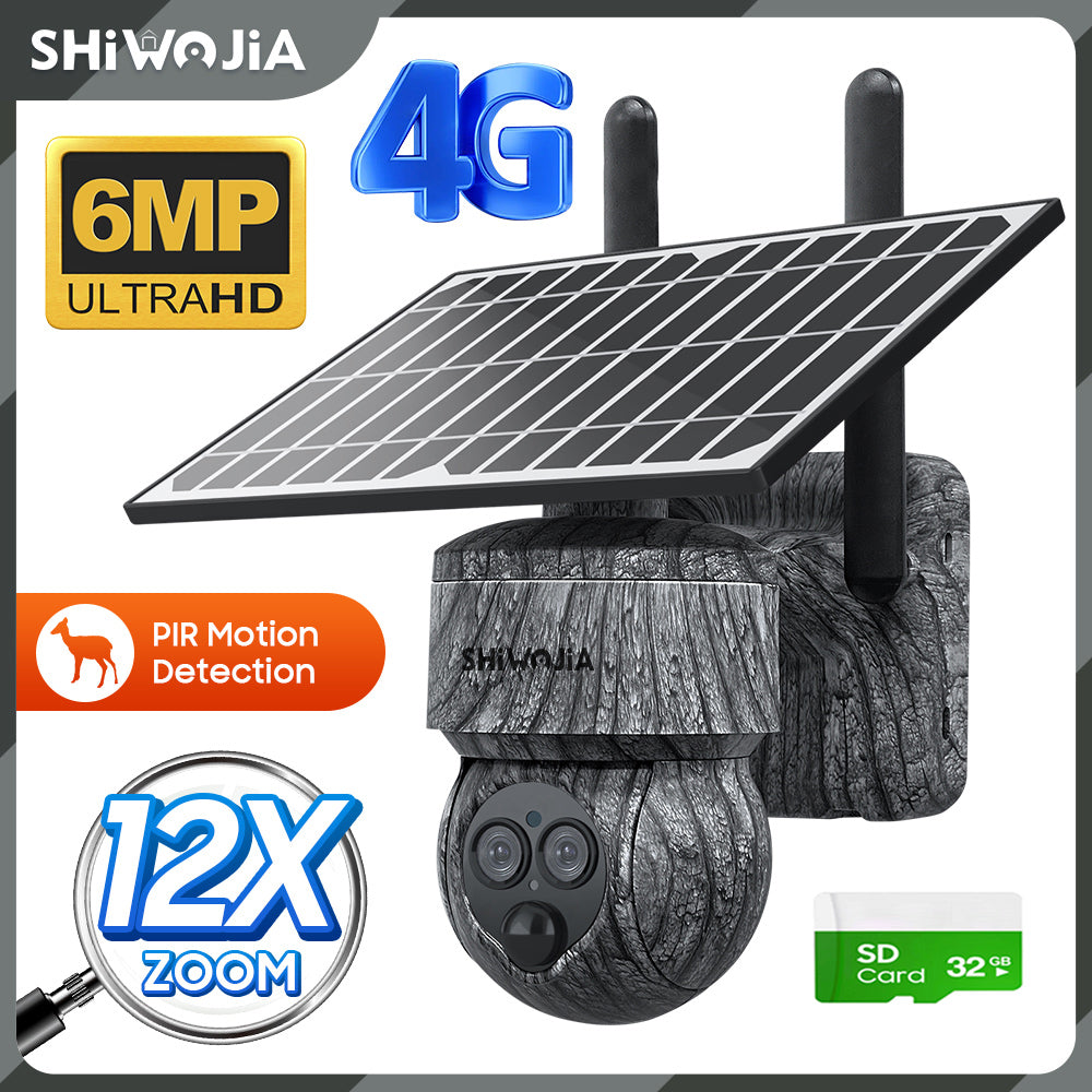 SHIWOJIA 6MP Solar Cameras 4G SIM / WIFI Wireless Outdoor 360° View Animal Monitoring Camouflage Color 12X Zoom Solar Battery PTZ Camera 