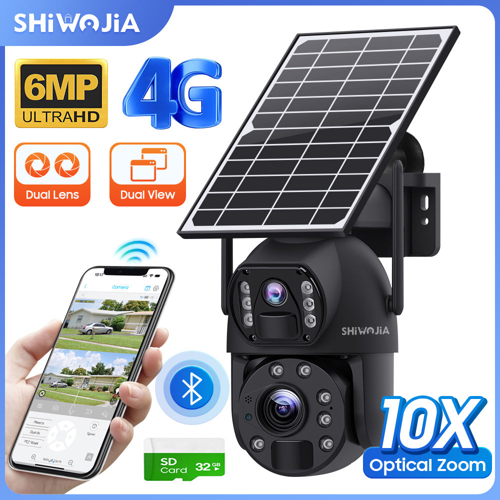SHIWOJIA 10X Optical Zoom 4G SIM / WIFI Cellular Security Camera Dual-Lens,Dual View 6MP Solar Camera Wireless Outdoor,Siren Alarm,Color Night Vision,Dual Screen. Built-in Battery 