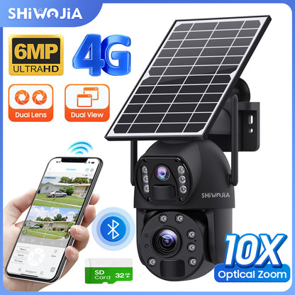 SHIWOJIA 10X Optical Zoom 4G SIM / WIFI Cellular Security Camera Dual-Lens,Dual View 6MP Solar Camera Wireless Outdoor,Siren Alarm,Color Night Vision,Dual Screen. Built-in Battery 