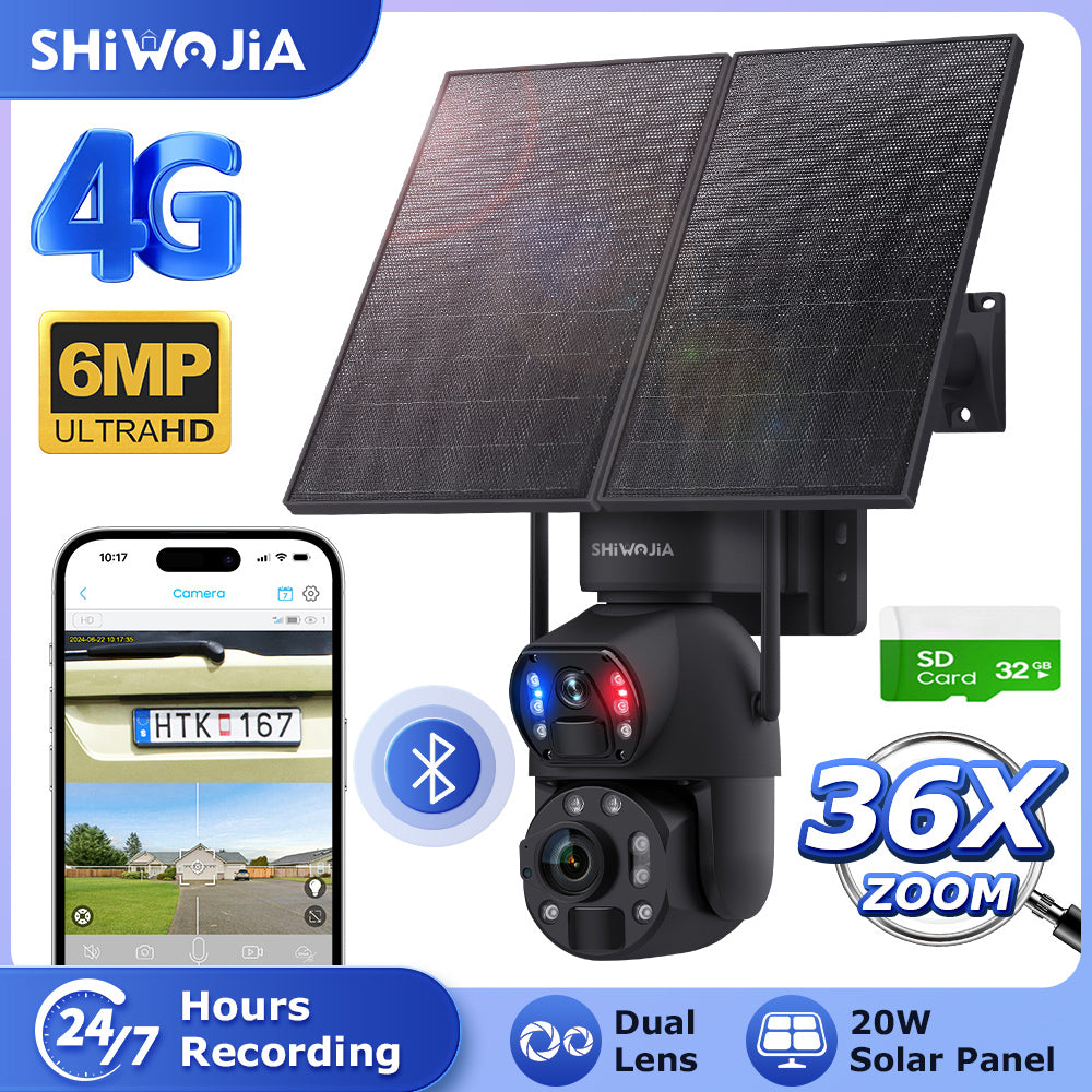 SHIWOJIA 20W Solar Battery 36X Zoom Red Blue Alarm FloodLight PTZ Camera 4G SIM / WIFI Cellular Security Camera Dual-Lens,6MP Solar Camera Wireless Outdoor,Color Night Vision,Dual Screen,Built-in Battery 