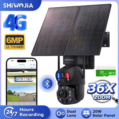 SHIWOJIA 20W Solar Battery 36X Zoom Red Blue Alarm FloodLight PTZ Camera 4G SIM / WIFI Cellular Security Camera Dual-Lens,6MP Solar Camera Wireless Outdoor,Color Night Vision,Dual Screen,Built-in Battery 