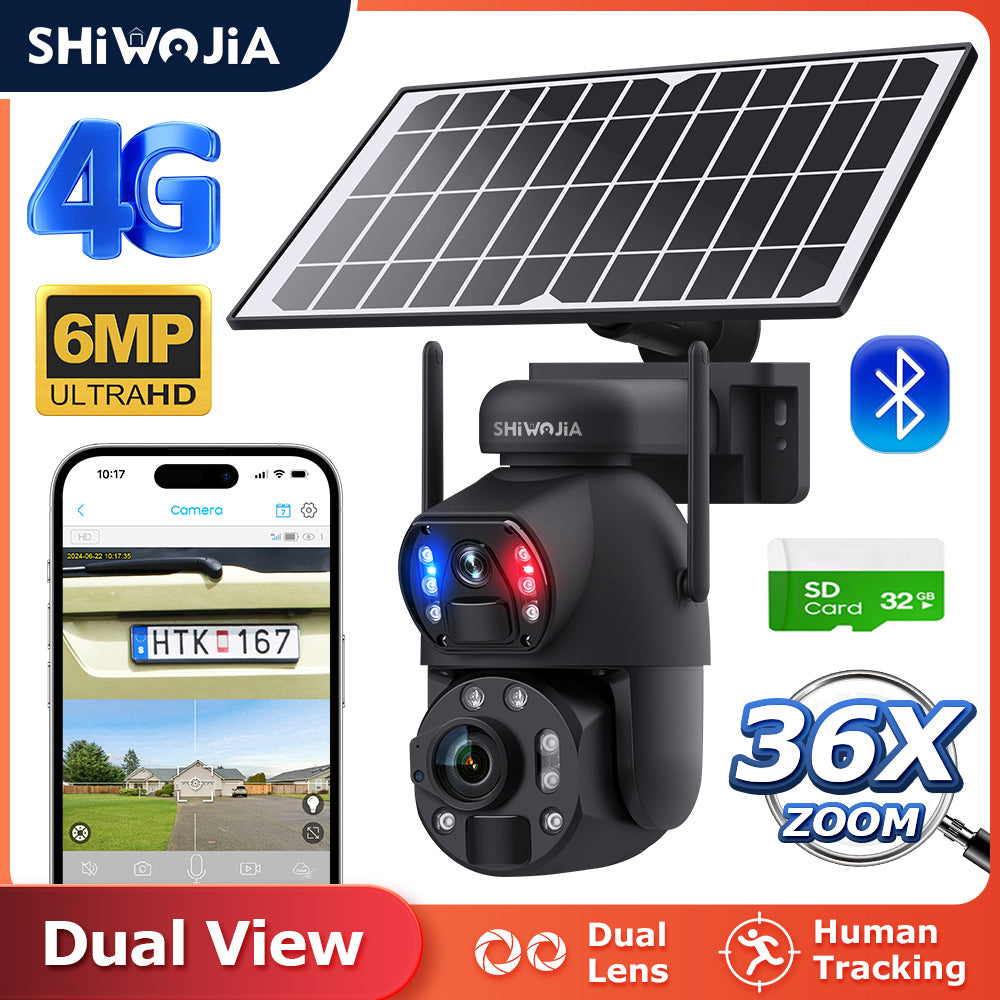SHIWOJIA Solar Camera 4G SIM / WIFI 6MP Big 36X Zoom Dual Lens Recording Humanoid Tracking Outdoor Camera Metal Waterproof,Built-in Battery 