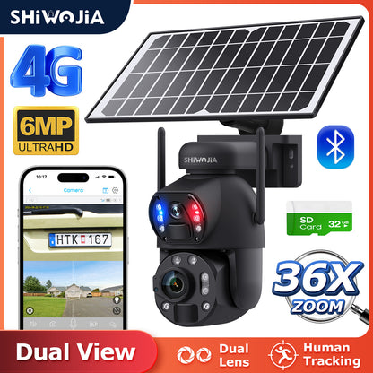 SHIWOJIA Solar Camera 4G SIM / WIFI 6MP Big 36X Zoom Dual Lens Recording Humanoid Tracking Outdoor Camera Metal Waterproof,Built-in Battery 