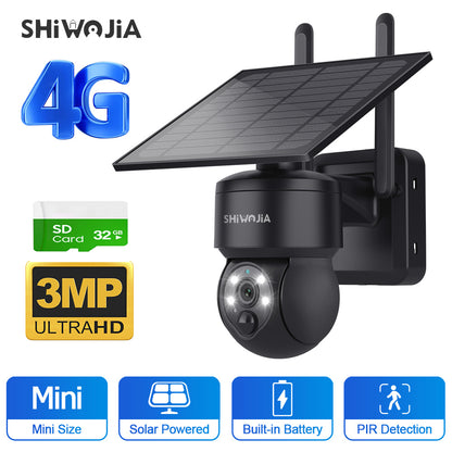 SHIWOJIA 4G SIM / WIFI Solar Security Cameras WIFI Wireless Outdoor 3MP View Animal Monitoring MiNi Solar Battery PTZ Camera Built-in Battery 