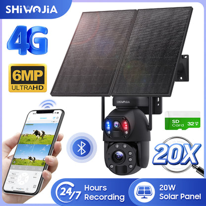 SHIWOJIA 20W Solar Battery 20X Zoom Red Blue Alarm FloodLight PTZ Camera 4G SIM / WIFI Cellular Security Camera Dual-Lens,6MP Solar Camera Wireless Outdoor,Color Night Vision,Dual Screen,Built-in Battery 