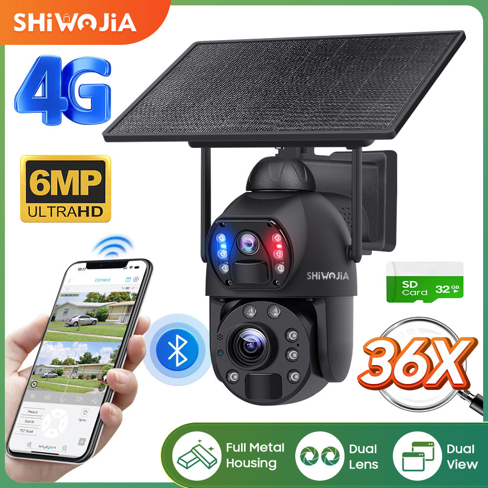 SHIWOJIA 36X Optical add Digital Zoom 4G SIM / WIFI Cellular Security Camera Dual-Lens,6MP Solar Camera Wireless Outdoor,Siren Alarm,Color Night Vision,Dual Screen,Built-in Battery
