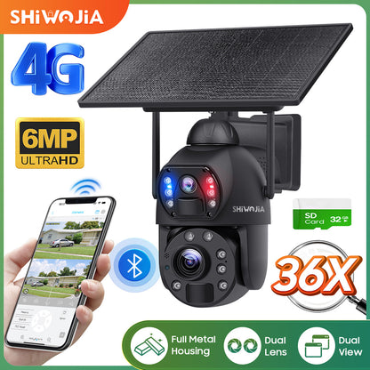 SHIWOJIA 36X Optical add Digital Zoom 4G SIM / WIFI Cellular Security Camera Dual-Lens,6MP Solar Camera Wireless Outdoor,Siren Alarm,Color Night Vision,Dual Screen,Built-in Battery