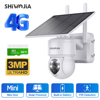 SHIWOJIA 4G SIM / WIFI Solar Security Cameras WIFI Wireless Outdoor 3MP View Animal Monitoring MiNi Solar Battery PTZ Camera Built-in Battery 