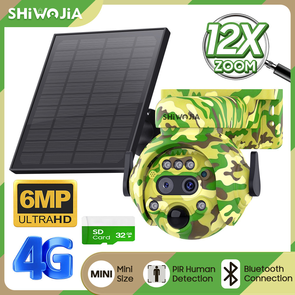 SHIWOJIA 6MP Solar Camera 4G SIM / WIFI Security Outdoor Camouflage Color 12X Zoom Solar Battery PTZ Camera 
