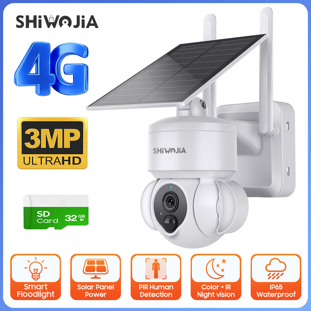 SHIWOJIA Outdoor Camera 4G SIM /WIFI Solar Powered 7800mAh Battery with 5W Solar Panels 3MP Color Night Vision Wireless Garden CCTV.Built-in Battery