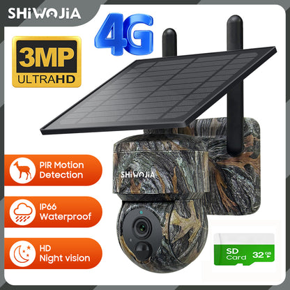 SHIWOJIA Camouflage Color Solar Battery PTZ Camera.4G SIM / WIFI 3MP 360° View Animal Monitoring.Built-in Battery 