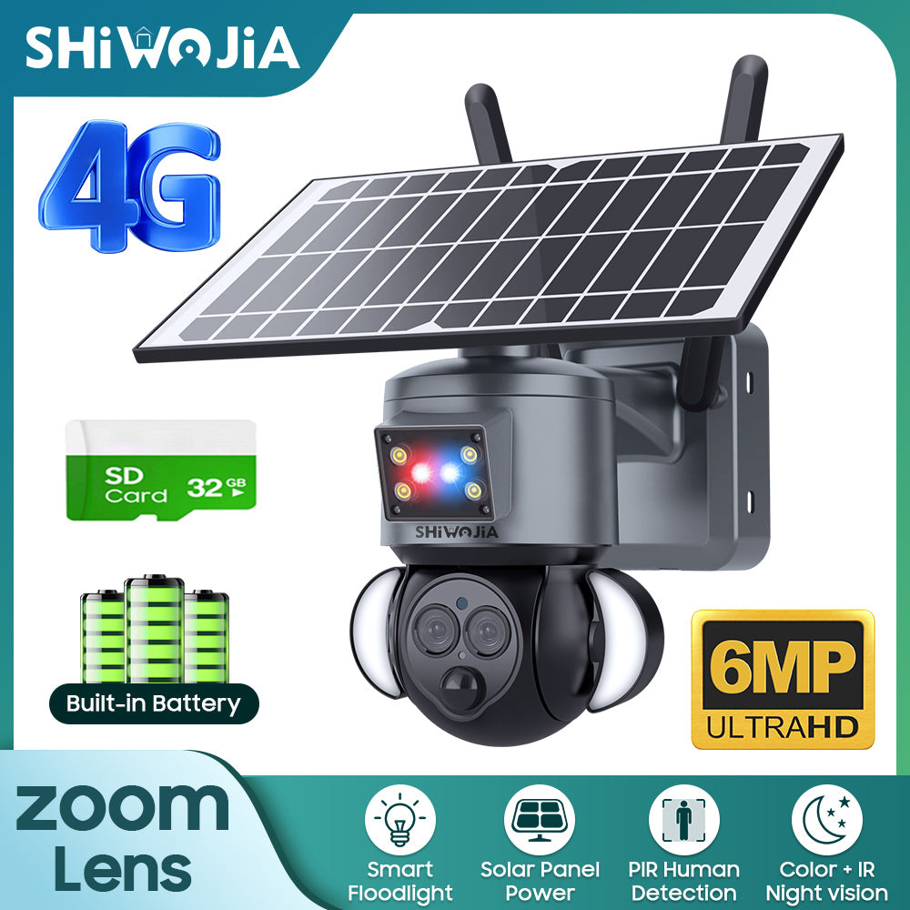SHIWOJIA 4G SIM / WIFI 12X ZOOM Red/Blue alarm Floodlight Solar Battery PTZ Camera 6MP HD Wireless Security CCTV Including 12000mAh Battery 