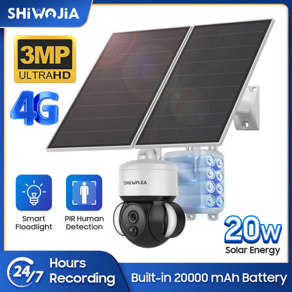 SHIWOJIA 3MP Solar Camera 4G SIM / WIFI Security Outdoor Recording Humanoid Tracking 20W 24/7 hours Solar Battery Floodlight PTZ Camera 