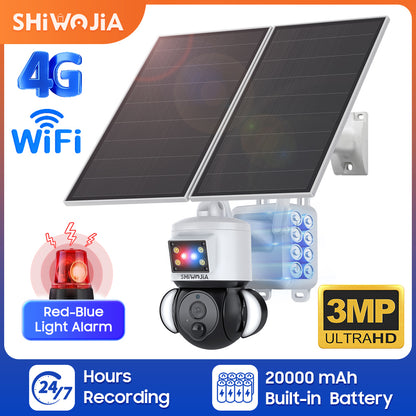 SHIWOJIA 3MP Solar Camera 4G SIM / WIFI Security Outdoor Recording Humanoid Tracking 20W Solar Battery Red Blue Alarm Floodlight PTZ Camera 