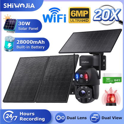 SHIWOJIA 30W Solar Battery 20x zoom Red Blue Alarm Floodlight PTZ Camera 3 PCS Solar Board Built in 28000mAh Batteries Night Vision Camera 