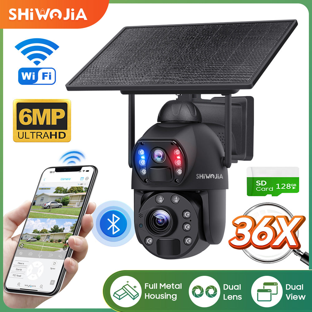 SHIWOJIA 36X Optical add Digital Zoom 4G SIM / WIFI Cellular Security Camera Dual-Lens,6MP Solar Camera Wireless Outdoor,Siren Alarm,Color Night Vision,Dual Screen,Built-in Battery