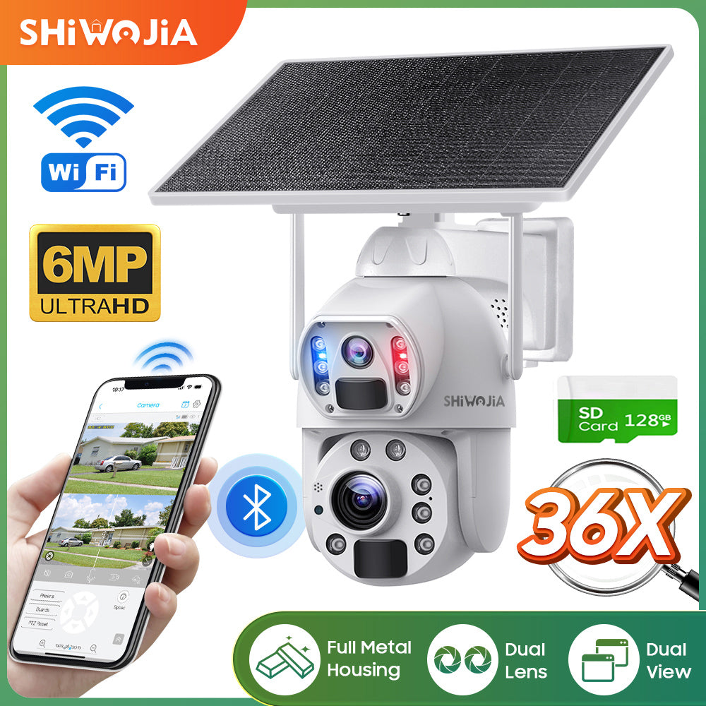 SHIWOJIA 36X Optical add Digital Zoom 4G SIM / WIFI Cellular Security Camera Dual-Lens,6MP Solar Camera Wireless Outdoor,Siren Alarm,Color Night Vision,Dual Screen,Built-in Battery