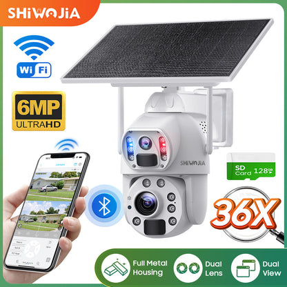 SHIWOJIA 36X Optical add Digital Zoom 4G SIM / WIFI Cellular Security Camera Dual-Lens,6MP Solar Camera Wireless Outdoor,Siren Alarm,Color Night Vision,Dual Screen,Built-in Battery