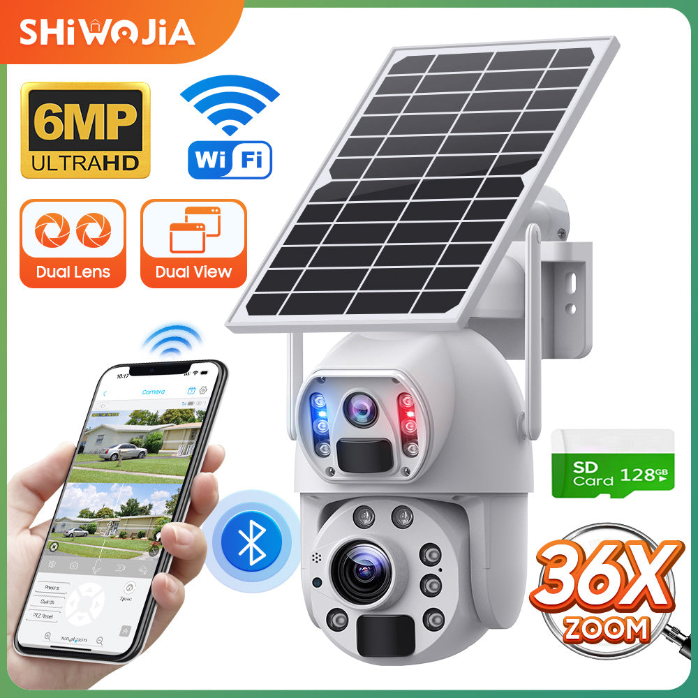 SHIWOJIA Solar Camera 4G SIM / WIFI 6MP Big 36X Zoom Dual Lens Recording Humanoid Tracking Outdoor Camera Metal Waterproof,Built-in Battery 