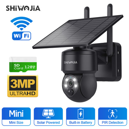 SHIWOJIA 4G SIM / WIFI Solar Security Cameras WIFI Wireless Outdoor 3MP View Animal Monitoring MiNi Solar Battery PTZ Camera Built-in Battery 