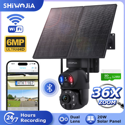 SHIWOJIA 20W Solar Battery 36X Zoom Red Blue Alarm FloodLight PTZ Camera 4G SIM / WIFI Cellular Security Camera Dual-Lens,6MP Solar Camera Wireless Outdoor,Color Night Vision,Dual Screen,Built-in Battery 