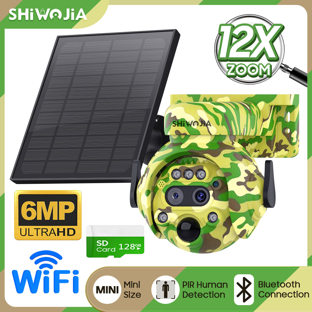 SHIWOJIA 6MP Solar Camera 4G SIM / WIFI Security Outdoor Camouflage Color 12X Zoom Solar Battery PTZ Camera 