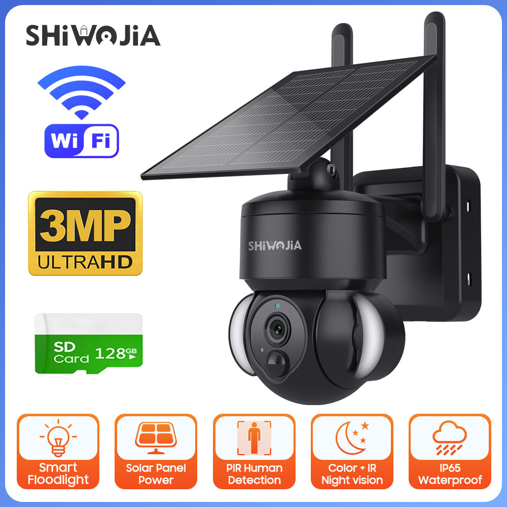 SHIWOJIA Outdoor Camera 4G SIM /WIFI Solar Powered 7800mAh Battery with 5W Solar Panels 3MP Color Night Vision Wireless Garden CCTV.Built-in Battery